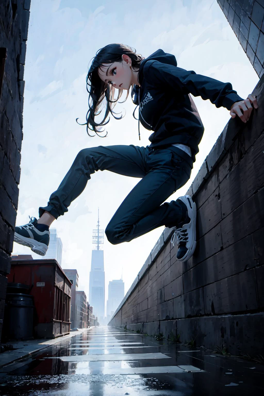 (from bottom to top),natural lighting, soft lighting, sunlight, HDR (High Dynamic Range), Maximum Clarity And Sharpness, Multi-Layered Textures,
1 girl, solo,perfect detail hands, perfect detail fingers,perfect detail body part,perfect detail face ,
<lora:Parkour:0.3> parkour, solo, 1girl, black hair, shoes, sneakers, blue sky, black pants, city <lora:edgCorsetHoodies:0.8> edgCorset, hoodie