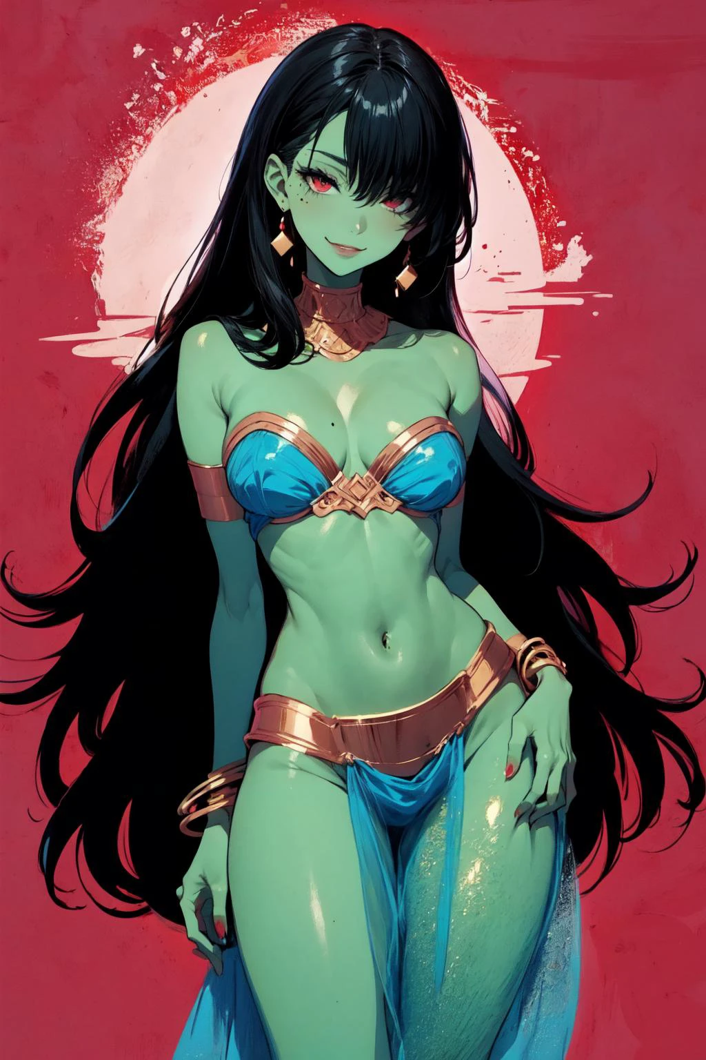 ((best art ,illustration,masterpiece,best quality:1.25)), Desiree_Danny_Phantom, solo, perfect hands,perfect fingers,(green skin:1.3),hair over one eye,(mole under the eye:1.2), long hair,smirking, Dark Red eyes,flirting with viewer, harem outfit,mouth veil,dancing, cinematic composition,<lora:Desiree_Danny_Phantom:0.75> <lora:HaremDancer_v1:0.8> <lora:add_detail:0.45> <lora:PerfectFullBreasts-fCV3.5:1> <lora:persona5:0.2> <lora:hair_over_eyes:0.3> <lora:hairdetailer:0.5>
