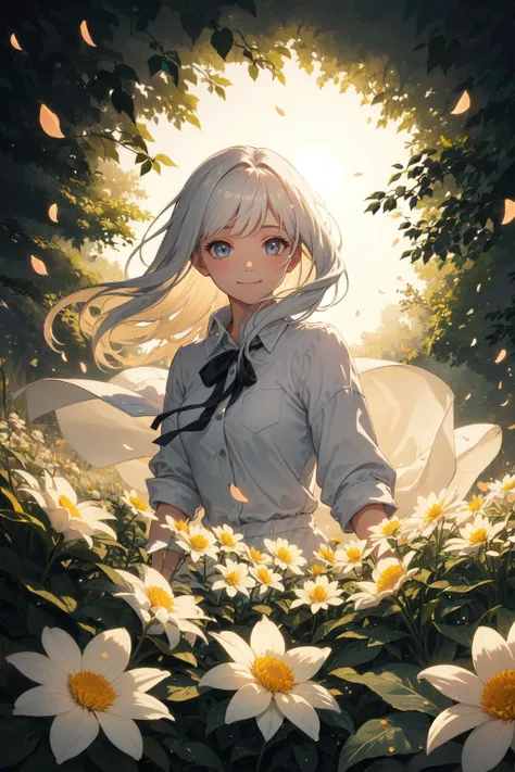 (cool weather,dewdrops on leaves and flowers:1.5),
(1 girl,Incredibly beautiful sunrise,gentle smile,dewdrops on hair,perfect colored clear eyes,eyes reflect a beautiful and touching light:1.4),
(glowing leaves and white flower petals blowing in the wind :1.45),
best detailed, (glowing),high light,illumination,masterpiece, best quality, wide-angle Hyperdetailed, masterpiece, 8k, natural lighting, soft lighting, sunlight, HDR (High Dynamic Range), Maximum Clarity And Sharpness, Multi-Layered Textures,
perfect detail reflective surface, freedom,golden section, white flowers,
early morning,bright theme, ethereal, dewdrops ,