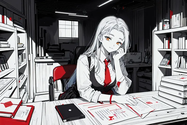 (((stripe art :.5))),((best quality,master piece,gorgeous art,)),1 perfect sexy woman in a Cyberpunk library ,an undetectable smile,affectionate eyes,((Lying on the desk,sitting on a chair)),Expressionless,Infinity books,peaceful,slience,Neatly discharged books,perfect detail hands,perfect detail face,perfect detail eyes,((angela \(project moon\), solo,perfect body, (white stripe  shirt), long hair, closed mouth, ( 1 red necktie), black skirt, black vest, looking at viewer, black pantyhose )),<lora:AngelaProjectMoon:1> <lora:womansuit-1:1> <lora:animeoutlineV4_16:0.8> <lora:PerfectFullBreasts-fCV3.5:1> <lora:EyesGen:0.33>