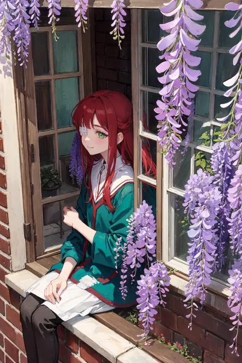 (establishing shot,side view,high angle:1.5),
(bright watercolor style,comfort,pastel painting illustration:1.3),
(white theme, bright theme, beautiful and details coloring: 1.3),
(yuriai, glowing green eyes,profile, 1girl, child, long hair, red hair, smile,open the window next to her: 1.4),
(eyepatch:1.3), (sitting next to window, looking at the wisteria blooming on the old brick wall outside the room's window:1.4)
<lora:Yuri:0.8>