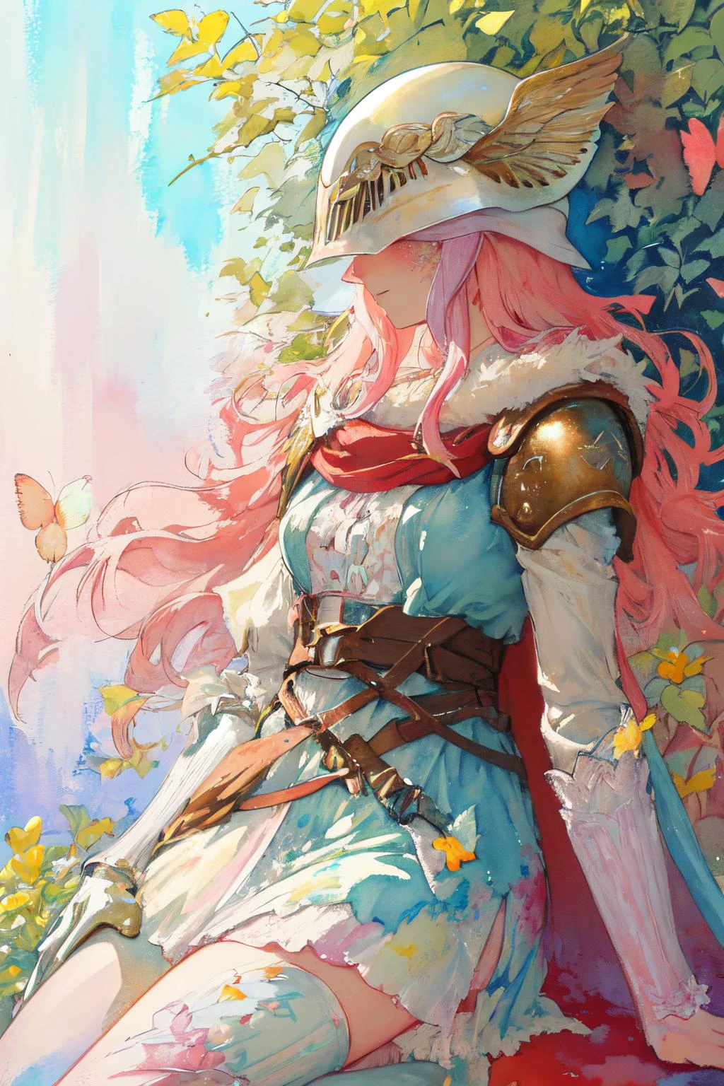 (moist paper,bright watercolor style,comfort,pastel painting illustration,concise,watercolor rendering,natural rendering,pigments mix naturally:1.3),
(white theme,bright theme,:1.3)
<lora:MaleniaV2:0.8> MaleniaDef, armor, cape, helmet, brown dress, MaleniaRot, wings, covered eyes, scar, butterfly, bug, prothestic leg, single mechanical arm, prosthesis