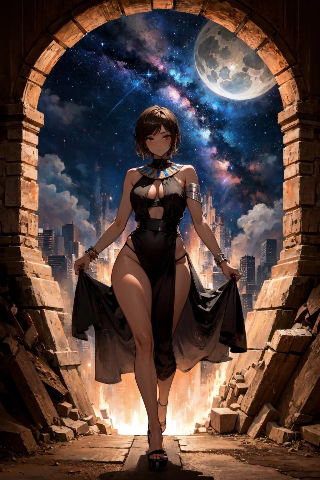 full body shot,natural lighting, soft lighting, sunlight, HDR (High Dynamic Range), Maximum Clarity And Sharpness, Multi-Layered Textures,(beautiful nightsky background:1.1),
<lora:AncientEgyptianClothes:0.4> ancient egyptian clothes,dark skin <lora:Outis:0.8> 1 girl with perfect sexy body, outis, solo, short hair, closed mouth, large breasts, brown eyes,perfect plump ass