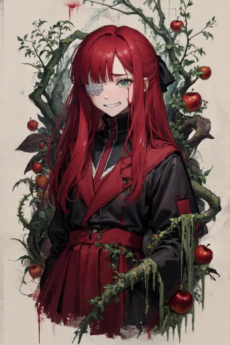 (rot golden apple,trypophobia,maggots:1.3),
1girl, long hair, red hair,absentminded,(weird and disturbing grin:1.3),puncture,eyepatch,staring the viewer,(tears of blood:1.3),
broken limbs,body filled with dead wood,withered thorny vines wrap around the body,
cherry red theme, dark theme,
ultra high res, masterpiece, best quality,black,highly detailed face, perfect eyes,(suffocating horror,most ominous:1.2), <lora:Yuri:1>yuriai,