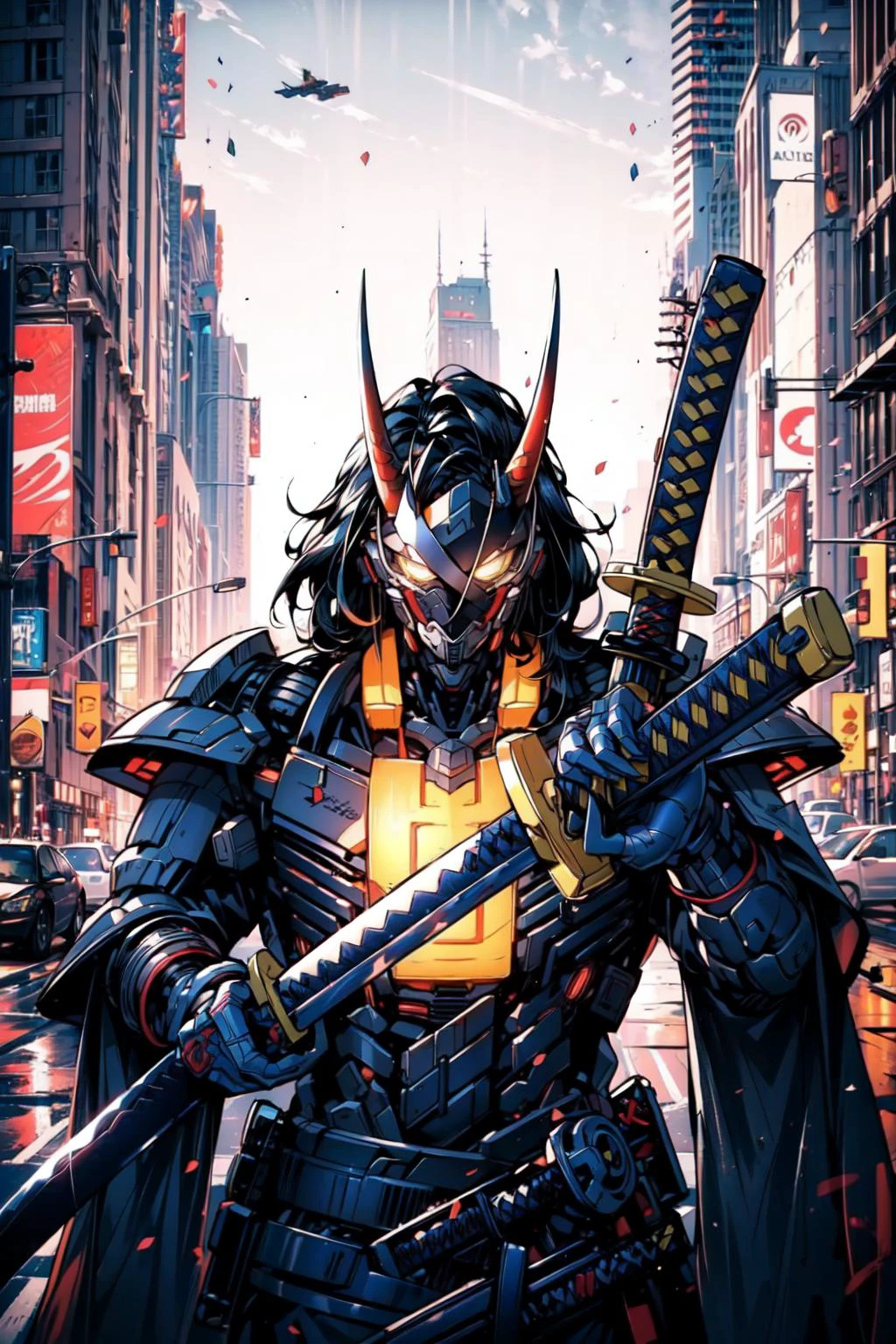 (best art,illustration,boy's romance:1.3),super detailed, (cybersamurai,kaijin, long hair, golden eyes, upper body, horns, armor, blurry, clothing cutout, mask, blurry background, science fiction, mouth mask, cyborg, cyberpunk, katana on back,perfect detail katana handle :1.31415926) (glowing background:1.25), <lora:cybersamuraiV2E12:0.77758>, <lora:add_detail:0.9>, masterpiece, best quality, wide-angle Hyperdetailed, masterpiece, best quality, 8k, natural lighting, soft lighting, sunlight, HDR (High Dynamic Range), Maximum Clarity And Sharpness, Multi-Layered Textures <lora:kaijin_v2:0.8> <lora:ChihiroUnsheathingAKatanaMeme:0.789> IncrsUnsheathingAKatanaMeme, sheath, holding sheath