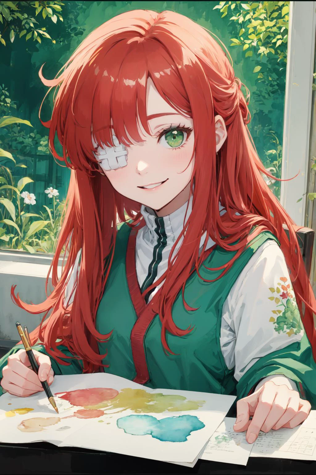 (moist paper,bright watercolor style,comfort,concise,watercolor rendering,natural rendering,pigments mix naturally:1.5),
(white theme,bright theme,therapeutic :1.3),
<lora:Yuri:0.8> (yuriai,glowing green eyes, 1girl, long hair, red hair,smiling:1.4),eyepatch