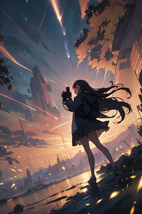 (masterpiece, best quality, ultra detailed), delicate pattern, detailed background, light, night sky, milky way, darkness,
1girl, solo, silhouette, low angle shot, very long shot,
firefliesfireflies, <lora:4960_fireflies:0.5>,
holding camera, dark tone,