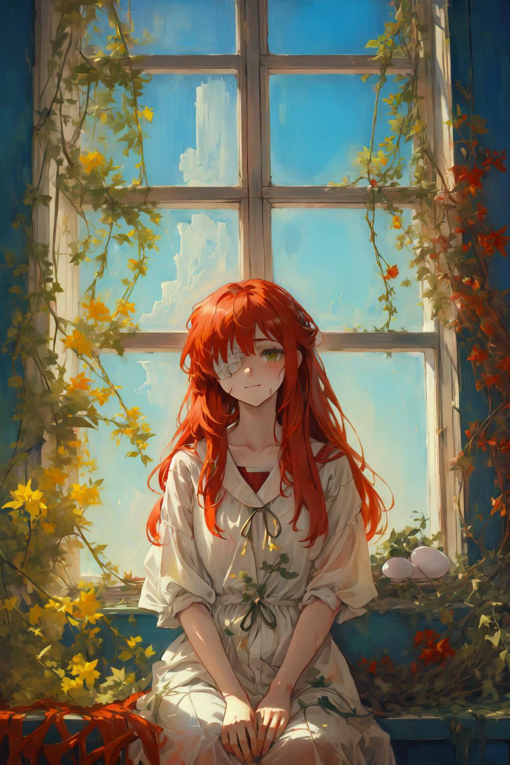 ( egg tempera painting:1.4),
(emotional, mood, deep,comfort,concise:1.3),
(fluid, translucent, artistic:1.39),
1girl,weak ,(eyepatch:1.28),glowing green eye, long hair, red hair, gaze at the outside,undetectable smile,
(white theme,bright theme,therapeutic :1.3),
<lora:Yuri:0.8> (yuriai:1.3), <lora:windowsill_20231022112322:0.7> windowsill,withered ivy vine,window