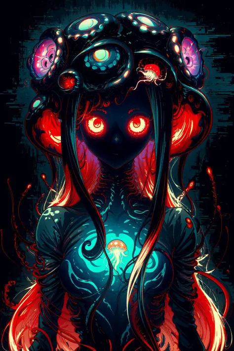 (best art:1.3), (brutal and ruthless predators,jellyfish's tentacles,jellyfish's tentacles with strong currents,:1.5),
(1 jellyfish girl,alien,fluorescent red translucent skin,small breasts,monster girl,translucent skin,translucent hair,tentacles hair,jellyfish style outfit:1.5),
(scary giant jelly fish theme, dark red theme, dark blue theme,fluorescent : 1.5),
(poisonous jellyfish,current,:1.3),style of horror,
ultra high res, masterpiece, best quality,highly detailed face, perfect eyes,half-digested corpse,((suffocating sense of oppression: 0.8)), <lora:add_detail:1> <lora:uv:0.2> blacklight <lora:CelestialSkin-20_1.2+kionantArtistStyle_v10_0.6:0.3> dark celestialskin body, void cosmic body, colored skin, flat color, jet black skin, silhouette <lora:Colorful portraits_20230715165729:0.2> Colorful portraits <lora:DarkIncursioStyle:0.3> night, (dark environment) <lora:Glitching:0.8>glitching <lora:PsychoMode:0.4> <lora:jellyfish-noise:0.1>