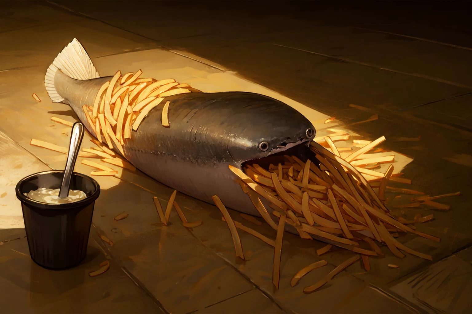 masterpiece, best quality, wide-angle Hyperdetailed, masterpiece, 8k, natural lighting, soft lighting, sunlight, HDR (High Dynamic Range), Maximum Clarity And Sharpness, Multi-Layered Textures,
, <lora:ApuSpillsHisTendiesMeme:0.8> ApuMeme, lying, tears, on stomach, food, spill, crying, shadow, tearing up, on floor, cup, french fries <lora:Sacabambaspis:1> sacabambaspis,fish,