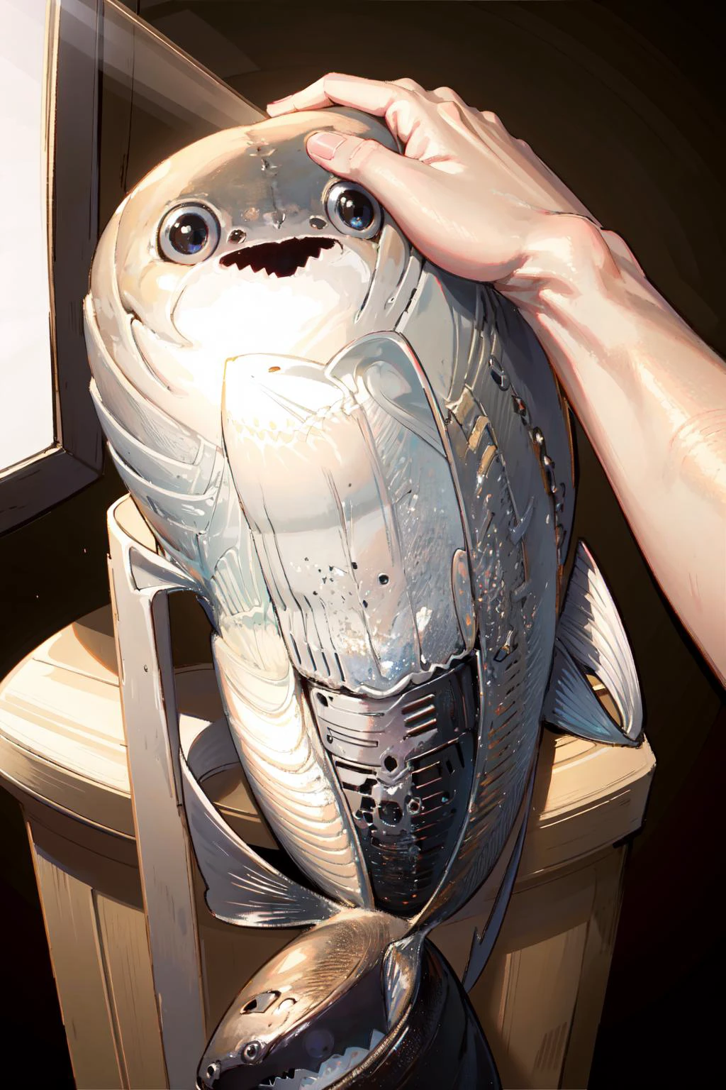 masterpiece, best quality, wide-angle Hyperdetailed, masterpiece, 8k, natural lighting, soft lighting, sunlight, HDR (High Dynamic Range), Maximum Clarity And Sharpness, Multi-Layered Textures,
<lora:HeadpatPOVV2:0.8> (IncrsHeadpatPOV, headpat, pov:1.3) <lora:Sacabambaspis:1> (sacabambaspis,fish,:1.35)