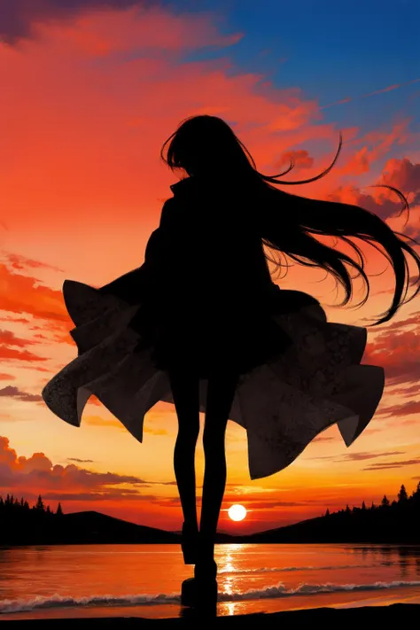 silhouette style painting, intricate details, high contrast, minimalistic, highres,
sunset,