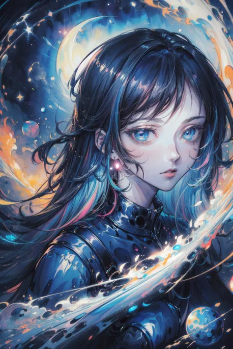 (masterpiece, extremely quality, best quality, official art, original art, beautiful and aesthetic:1.2), (volume lighting:1.3), (Glowing:1.3), (Glossy:1.3), (watercolor), (illustration), (vivid:1.2), (shiny:1.2), (colorful:1.2), (many colors:1.4),univers,fantasy , dark theme, space theme, 1girl, ultra high res, masterpiece, best quality, moon,black,highly detailed face, perfect eyes,<lora:add_detail:1> <lora:PsychoMode:0.479> <lora:moonriver-noise:0.4> <lora:GoodHands-vanilla:0.414>