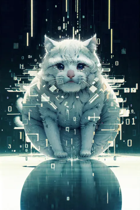 (bright theme,:1.3),(floating  texts of fat:1.3),
(extremely detailed CG unity 16k wallpaper,best quality,extreme quality,masterpiece,ultra-detailed,backlight,:1.3), 
(perfect cat,1 cat,solo,very fat,the body is round, binary code, digital art,only zero and one, :1.3)glitching,  <lora:binarycode:0.8>  <lora:sadcatmeme:0.9> (sadcatmeme, crying,:1.3), <lora:Round_animal:0.7> round animal