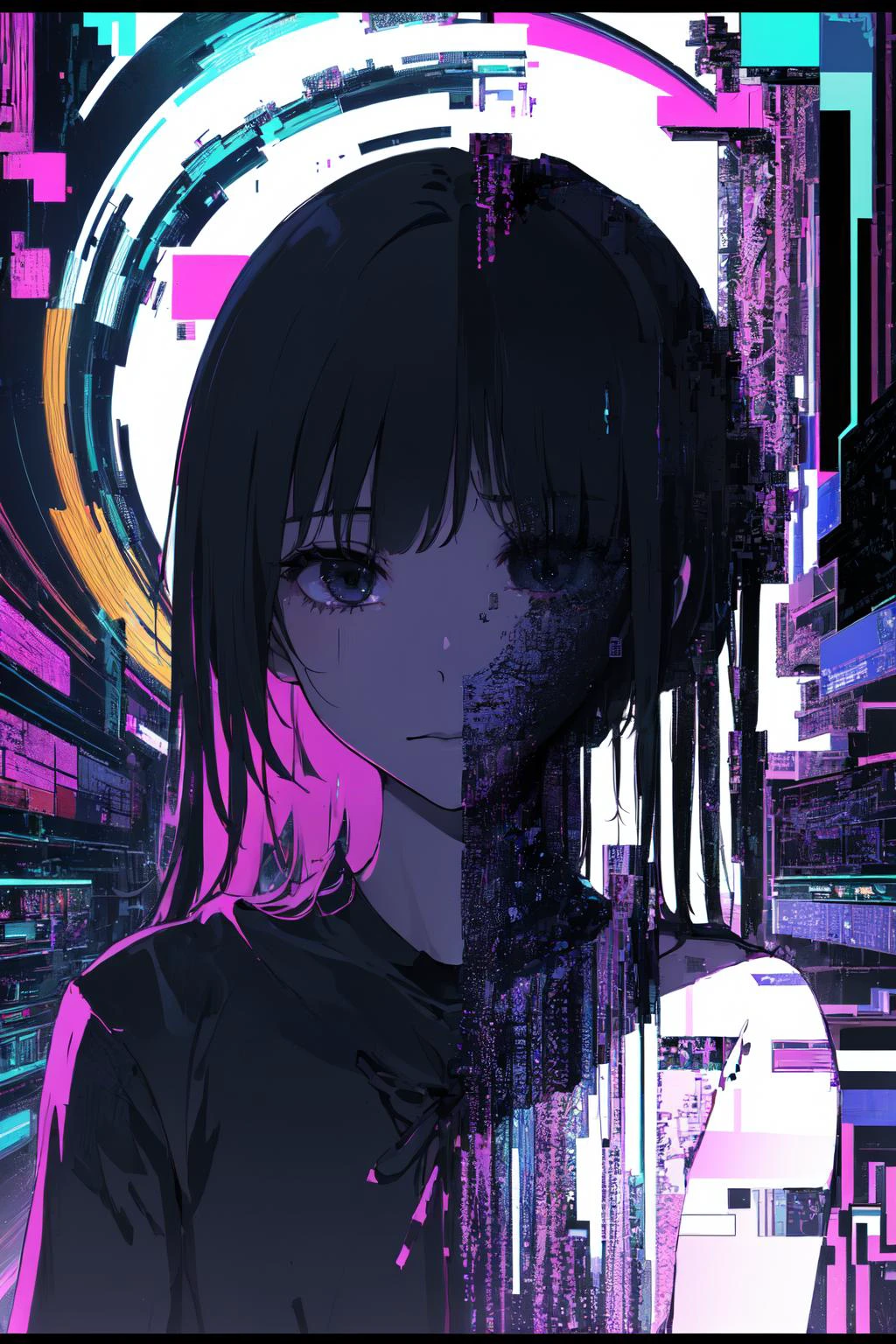 extremely detailed CG unity 16k wallpaper, highly detailed, hyper detailed, 8k,
ultra-detailed,backlight, delicate background, depth of field, purple theme,
(horror, mysterious:1.4),
(glitching, glitched,1 girl, black void covers the face:1.5), ((faceless, eyeless:1.3)),
(dark glitching )