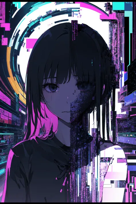 extremely detailed CG unity 16k wallpaper, highly detailed, hyper detailed, 8k, 
ultra-detailed,backlight, delicate background, depth of field, purple theme,
(horror, mysterious:1.4),
(glitching, glitched,1 girl,  black void covers the face:1.5), ((faceless, eyeless:1.3)),
(dark glitching )
