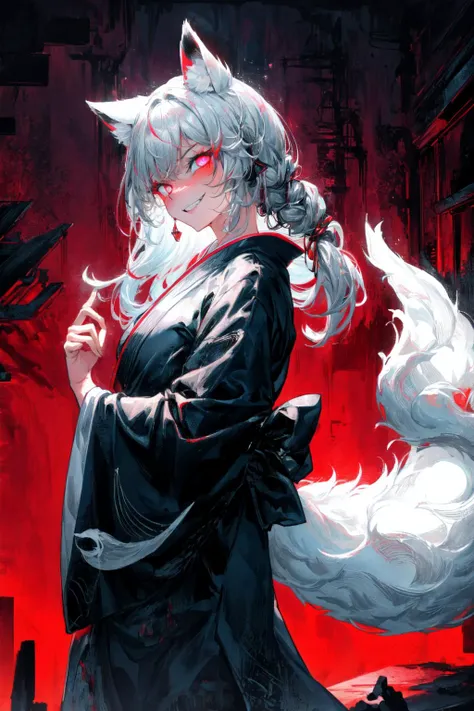 (abstract art:1.3),(psychedelic,futuristic:1.2),masterpiece, highly detailed 8k cg, best cinematic quality, volumetric lighting and shadows,perfect reflection,
(white theme:1.2), (fox theme:1.2),
(white long hair, 1 perfect girl with sexy body,perfect white fox ears,red glowing eyes, glowing body,kimono,1 perfect white fox tail,IncrsTailsFixer,smirk,canine tooth,perfect detail face,perfect detail hands,perfect detail fingers :1.43),
(only use 3 colors,white,black,garnet),
ultra high res, <lora:TailsFixer:0.6> IncrsTailsFixer,<lora:acid_fluid_lora:0.4> <lora:DarkIncursioStyle:0.4>, night, (dark environment) <lora:Gloomifier_V2_TheGlow:0.3> <lora:add_detail:1> <lora:Perfect fingers Lora:0.4>