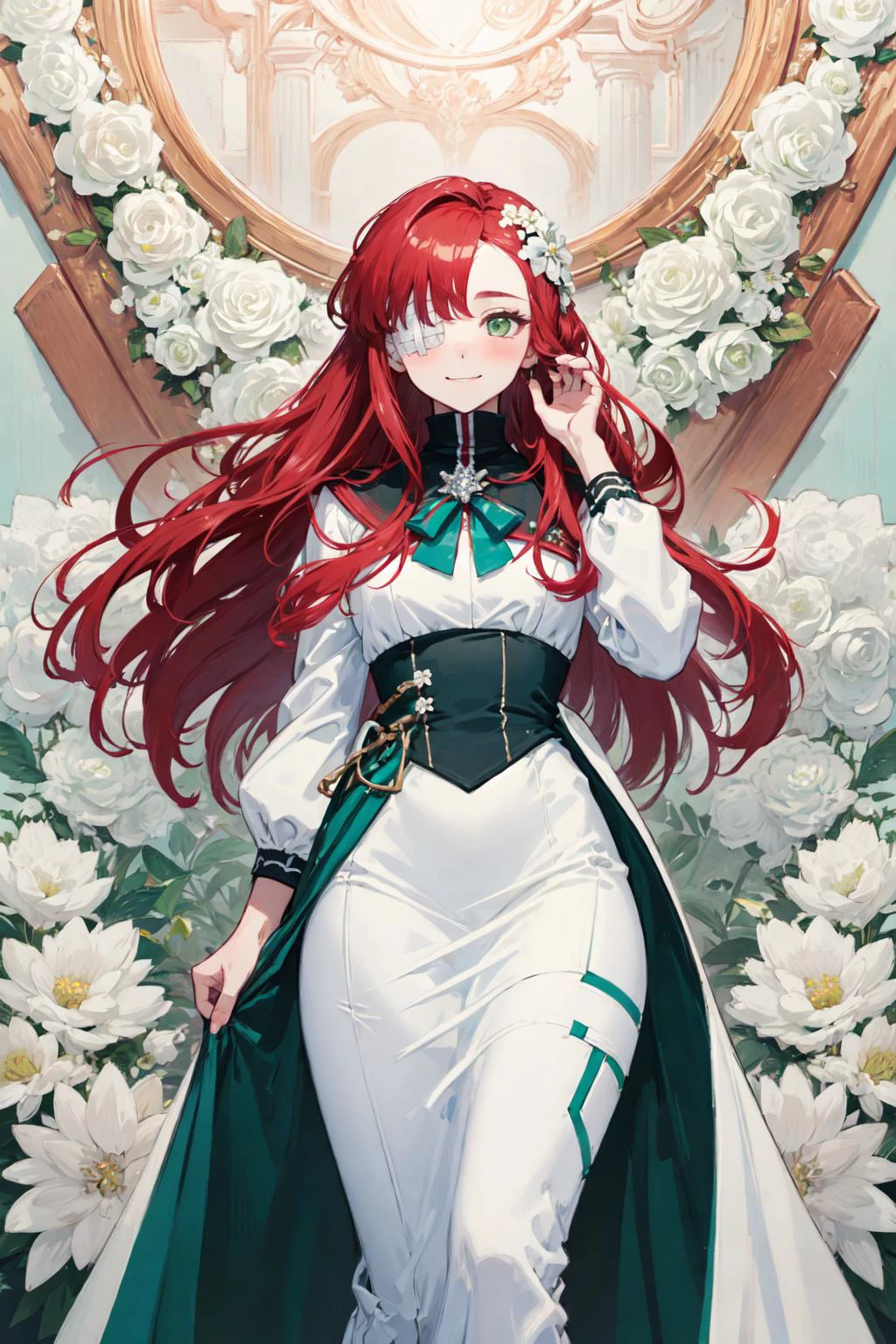white and cherry red,
delicate coloring, soft and beautiful white light and shadow,
(platinum ,ivory white long dress, transparent tight dress,looming body:1.5),
(low profile luxury beauty decor,pearls, crystal clear diamonds:1.4013467054),
(1girl with perfect sexy body, long red hair,eyepatch,white manicur,little smile,blushing, shy,glowing emerald green eyes,white flowers headpatch,lift up skirt:1.5),
masterpiece, best quality, ultra high res, beautiful, visually stunning, award-winning art, incredible details, (therapeutic, cute, miraculous beauty:1.118), <lora:Yuri:0.8>yuriai,