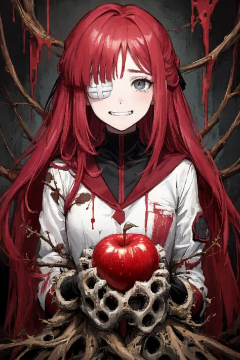 (rot golden apple,trypophobia,maggots:1.3),
1girl, long hair, red hair,absentminded,(weird and disturbing grin:1.3),puncture,eyepatch,staring the viewer,tears of blood,
broken limbs,body filled with dead wood,withered thorny vines wrap around the body,
cherry red theme, dark theme,
ultra high res, masterpiece, best quality, infected face,black,highly detailed face, perfect eyes,(suffocating horror,most ominous:1.2), <lora:Yuri:1>yuriai,