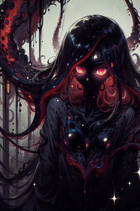 (abstract art:1.3), (Cthulhu:1),((Uncomfortable Giant squid : 1)),(Eyes that have lost their brilliance),octopus,dark red theme, dark theme, 1girl, ultra high res, masterpiece, best quality, infected face,black,highly detailed face, perfect eyes,((A suffocating sense of oppression: .3)),<lora:acid_fluid_lora:0.0015> <lora:gothgirl:0.0015> <lora:M4rbleSCNEWCIVIT:0.0015> <lora:add_detail:1> <lora:glass_crack_effects:0.02> <lora:PsychoMode:0.479> <lora:CelestialSkin-20_1.2+kionantArtistStyle_v10_0.6:0.5> dark celestialskin body, void cosmic body, colored skin, flat color, jet black skin, silhouette
