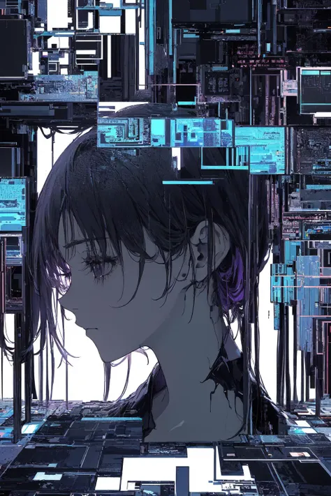 extremely detailed CG unity 16k wallpaper, highly detailed, hyper detailed, 8k,
ultra-detailed,backlight, delicate background, depth of field, purple theme,
(horror, mysterious:1.4),
(glitching, glitched,1 girl, black void covers the face,faceless, eyeless:1.5),
(dark glitching )