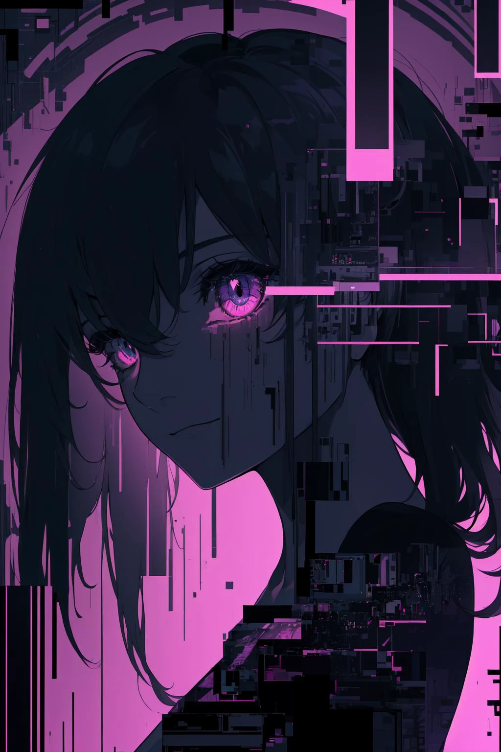 extremely detailed CG unity 16k wallpaper, highly detailed, hyper detailed, 8k,
ultra-detailed,backlight, delicate background, depth of field, purple theme,
(horror, mysterious:1.4),
(glitching, glitched,1 girl, eyes replaced by black voids:1.5), ((faceless, eyeless:1.3)),
(dark glitching )