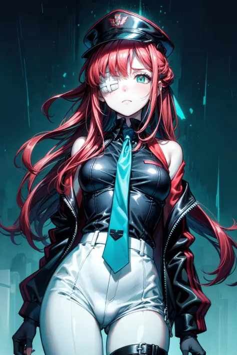 (masterpiece, best quality,best art,perfect detailed coloring:1.4),
(1 perfect girl with sexy body,perfect detail eyes,serious,frown, staring:1.3),
perfect detail face, perfect white skin,(multicolored_hair:1.3), red_hair|(black_hair:1.42), curly long hair,
blurry background, breasts, depth of field, glowing,(perfect detail glowing turquoise green eyes:1.3),tight black and glowing red captain-uniform,black jacket, military hat, medium breasts, fringed shoulder straps,
glowing red necktie, neon lights, outdoors, rain, solo, <lora:add_detail:0.99> <lora:Yuri:0.8>(yuriai:1.2), 1girl, long hair, red hair,eyepatch,
