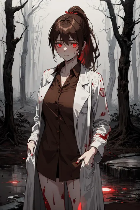 (ink illustration,blood theme,blood tears,rainy day, blood rain,bathe in her own blood,deep dark fantasy forest:1.5),
(extremely detailed CG unity 16k wallpaper,best quality,extreme quality,masterpiece,ultra-detailed,backlight,desolate ruins:1.4),
(solo,1girl,dying,acute massive bleeding,red tears,small breast,perfect details glowing red eye ,labcoat,brown shirt,long brown wet hair,ponytail:1.3),
ultra high res,silence, expressionlessness,
<lora:Carmen:0.65>