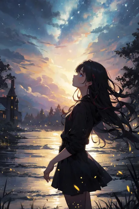 (masterpiece, best quality, ultra detailed), delicate pattern, detailed background, moonlight,
1girl, solo, silhouette, milky way,
firefliesfireflies, night sky, <lora:4960_fireflies:0.5>,