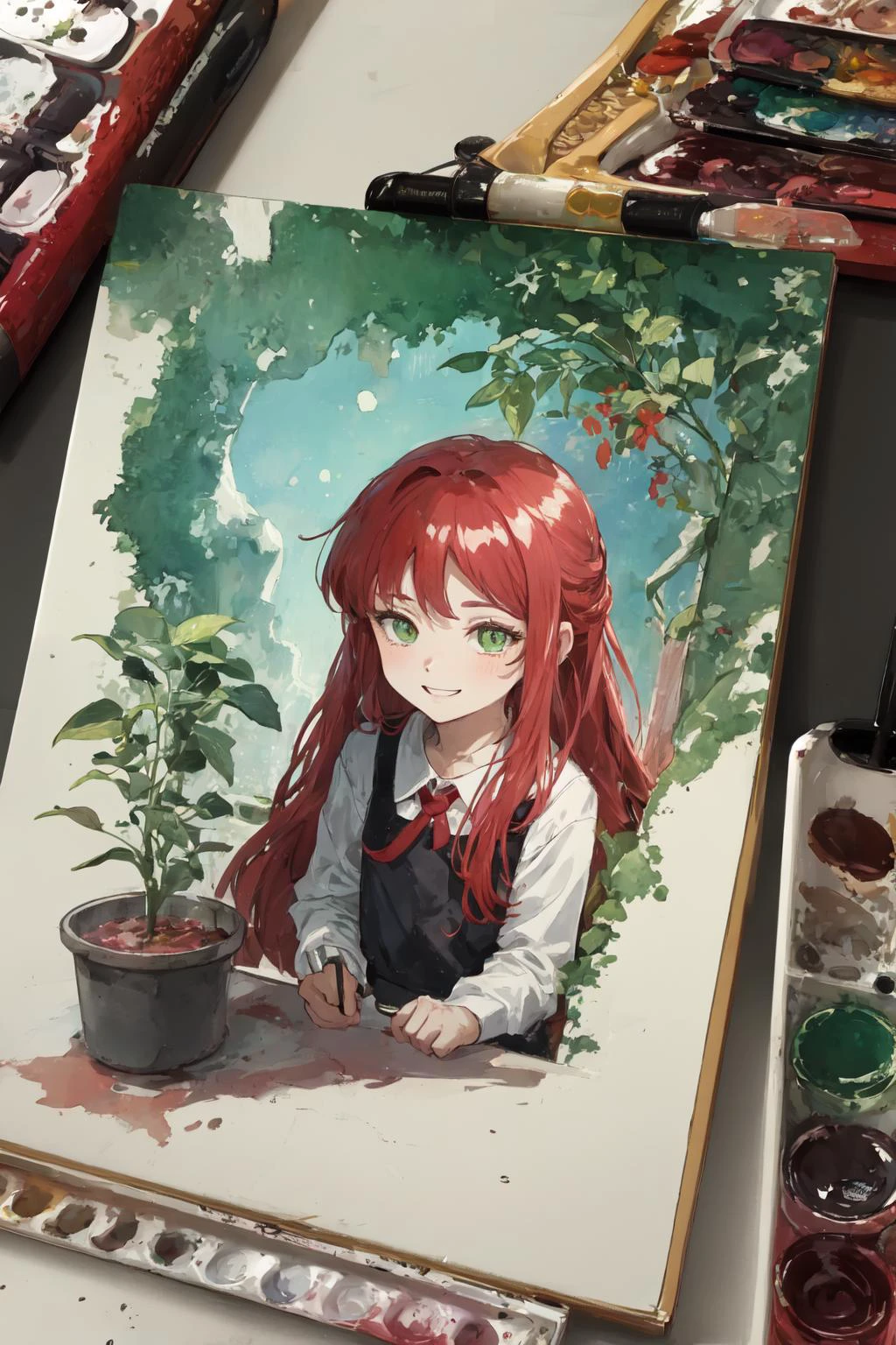 (moist paper,bright watercolor style,comfort,concise,watercolor rendering,natural rendering,pigments mix naturally:1.5),
(white theme,bright theme,therapeutic :1.3),
<lora:Yuri:0.8> (yuriai,glowing green eyes, 1girl,cute, long hair, red hair,smiling:1.4),eyepatch