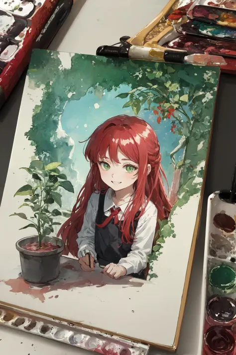 (moist paper,bright watercolor style,comfort,concise,watercolor rendering,natural rendering,pigments mix naturally:1.5),
(white theme,bright theme,therapeutic :1.3),
 <lora:Yuri:0.8> (yuriai,glowing green eyes, 1girl,little child,cute, long hair, red hair,smiling:1.4),eyepatch