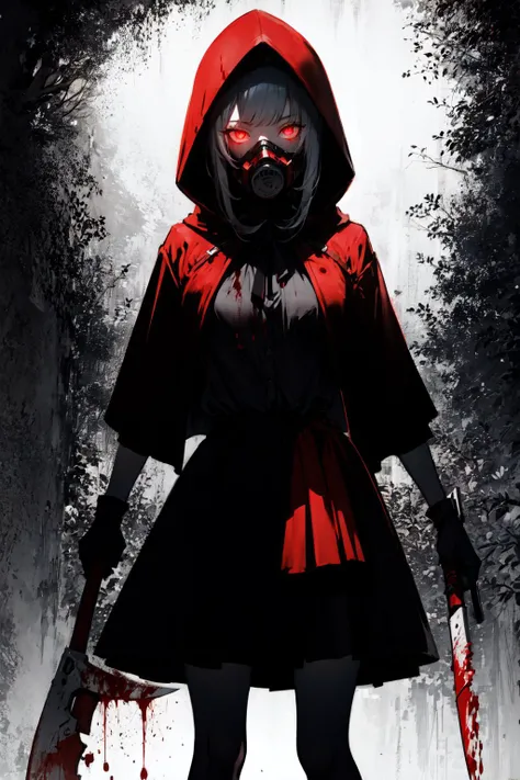 extremely detailed CG unity 16k wallpaper,backlight,
(little red riding hood,Mercenary, 1girl,blood red glowing eyes, solo, skirt,holding gardening scythet and pistol,sharp teeth design mask in black and white theme:1.5) ,
(masterpiece, best quality, ultra detailed, hyper realistic, photo), delicate pattern, detailed background, super fine concept art,(darkness:1.4), dynamic lighting, faint light,high-contrast, (mysterious:0.8),,ethereal, truth, <lora:little_red_riding_hood_v0.1:0.8> <lora:UnlimitedBladeWorks1.6:0.5> <lora:girl_with_mask_lora013:0.8> mask