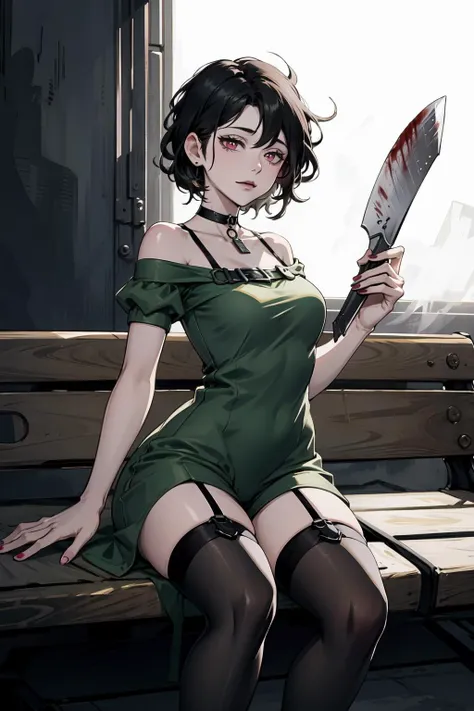 masterpiece, best quality, wide-angle Hyperdetailed, masterpiece, 8k, natural lighting, soft lighting, sunlight, HDR (High Dynamic Range), Maximum Clarity And Sharpness, Multi-Layered Textures,
perfect hands,perfect fingers,
1girl, green dress, :3, white outline, looking at viewer, choker, holding cleaver, blood drip, black choker, black hair, pink eyes, shorts, on bench, park, nail polish, thighhighs,
<lora:ashley:0.8> <lora:BigBooty-V2:0.8> ass <lora:badgirl-test-lora-wdvae:0.8> bad-girl,
