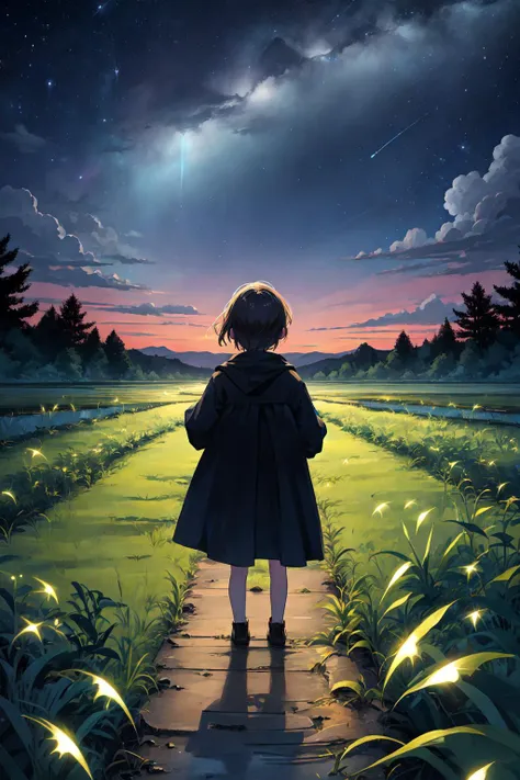 fantasy illustration,beautiful night sky,stars,low light plants,light spot,
<lora:4960_fireflies:0.6> fireflies,(child,facing away the viewer:1.4),