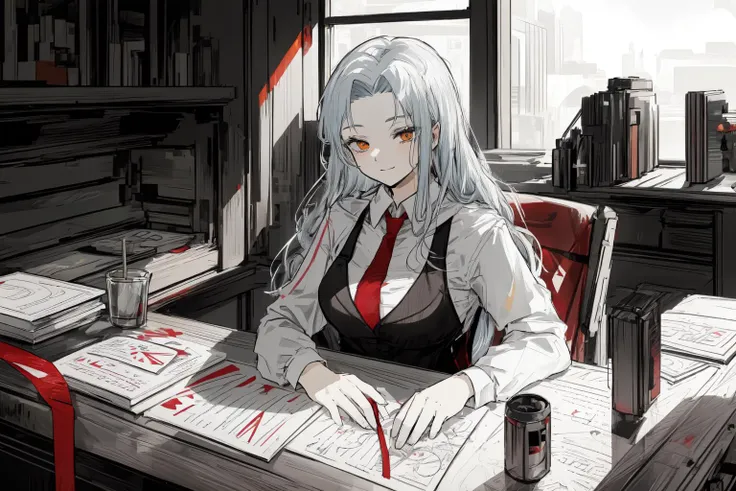 (((stripe art :.5))),((best quality,master piece,gorgeous art,)),1 perfect sexy woman in a Cyberpunk library ,an undetectable smile,affectionate eyes,((Lying on the desk,sitting on a chair)),Expressionless,Infinity books,peaceful,slience,Neatly discharged books,perfect detail hands,perfect detail face,perfect detail eyes,((angela \(project moon\), solo,perfect body, (white stripe  shirt), long hair, closed mouth, ( 1 red necktie), black skirt, black vest, looking at viewer, black pantyhose )),<lora:AngelaProjectMoon:1> <lora:womansuit-1:1> <lora:animeoutlineV4_16:0.8> <lora:PerfectFullBreasts-fCV3.5:1> <lora:EyesGen:0.33>