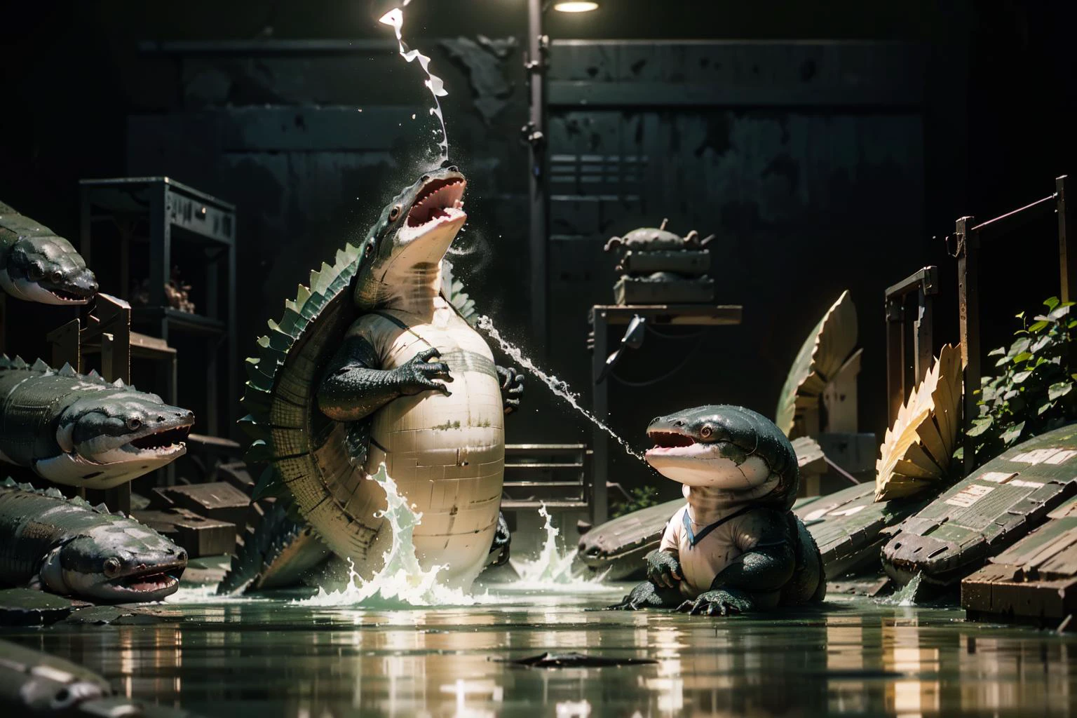(side view,medium close-up:1.3),(best illustration,perfect ratio:1.3),natural lighting, soft lighting, sunlight, HDR (High Dynamic Range), Maximum Clarity And Sharpness, Multi-Layered Textures, <lora:KickingAlligatorMemeV4:1> incrsallgtrmeme, crocodile, open mouth,fighting scence, <lora:Sacabambaspis:1> sacabambaspis,fish,