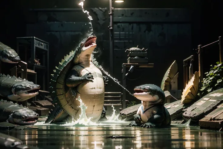 (side view,medium close-up:1.3),(best illustration,perfect ratio:1.3),natural lighting, soft lighting, sunlight, HDR (High Dynamic Range), Maximum Clarity And Sharpness, Multi-Layered Textures, <lora:KickingAlligatorMemeV4:1> incrsallgtrmeme, crocodile, open mouth,fighting scence, <lora:Sacabambaspis:1> sacabambaspis,fish,