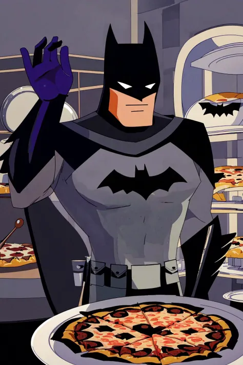 masterpiece,strong body,(medium close-up:1.3),(clean kitchen background:1.3),
(batman serving a plate of perfect Pepperoni Pizza,:1.3),grey bodysuit, utility belt, black gloves, boots,(smile,cute apron:1.3),<lora:batman:0.9>
<lora:SaltBaeMeme:0.8> saltbaememe,