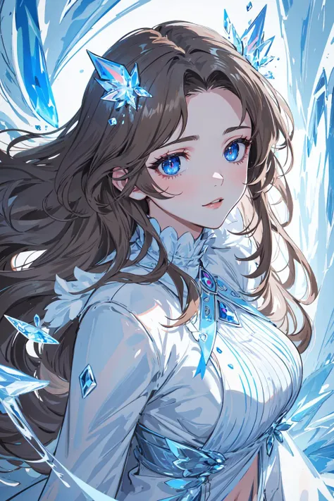 best quality, magnificent, highly detailed, hyper detailed, 8k, ultra high res, delicate background, depth of field,
(gray scale style,ice theme),
delicate body,glowing eyes,(beautiful blue pupil of eyes, brown wavy long hair:1.4), 
1 mature girl, white pale skin,forehead,large breast,fur coat,
(detailed ice,beautiful detailed water,
floating palaces:1.1),
 <lora:limbus-rodion-v1-wasabiya:0.75>rodion,  <lora:Ice-Fashion-V1:0.1> ice