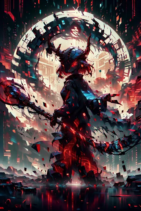 (dark theme,red theme,style of Yuko Shimizu:1.5),
(extremely detailed CG unity 16k wallpaper,best quality,extreme quality,masterpiece,ultra-detailed,backlight,:1.3),
(1 madness robot female warrior,glowing red eyes, looking at viewer,evil,many red warning windows :1.4),(giant binary code and digital art wings,glowing robot eyes,holding giant digital art mechanical scythe:1.5) ,
(extreme horror theme,frightening,:1.2),
<lora:Silhouette:0.7> silhouette, light particles,deep sea <lora:ExplosionMagic:0.8> explosionmagic , excessive energy, smoke, glowing aura
(only zero and one, binary code:1.5),binary code and digital art, digital art,  <lora:binarycode:0.8>,
GlitchingBodyPart, glitching ,(glitching body's special effect:1.2)<lora:GlitchingBodyPart:0.7>,
cinematic lighting, punk, mysterious, ray tracing, 8k, <lora:derpd - DerpdeedooStyle:0.7> derpd, solo, (standing, holding, weapon, armor,helmet, horns:1.3) ,<lora:reaper:0.3> reaper, holding, scythe