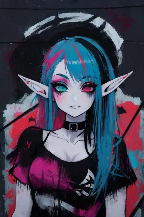 <lora:StreetArt_last:2.5> (street art) of a (gothic elf girl: 1.3), dripping colors, eyeliner, makeup, tattoos, two tone hair, detailed background, nebula, intricate details, masterpiece, (perfect face: 1.2)