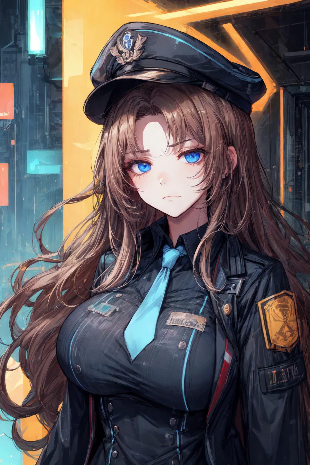 (extremely detailed CG unity 16k wallpaper,best quality,extreme quality,masterpiece,ultra-detailed,:1.3),
(best art,perfect detailed coloring:1.4),
(1 perfect girl with sexy body,perfect detail eyes,frown, staring,smirk:1.4),
perfect detail face, perfect white skin,(multicolored hair:1.3), (brown hair:1.4)|(blue hair:1.25), curly long hair,
blurry background, breasts, depth of field, glowing,(perfect detail glowing blue eyes:1.3),tight black and glowing blue captain-uniform,black jacket, military hat, (big breast:1.2), fringed shoulder straps,
glowing blue necktie, neon lights, outdoors, rain, solo, <lora:add_detail:0.99> <lora:limbus-rodion-v1-wasabiya:0.8> 1girl, (rodion:1.3),
<lora:binarycode:0.3> binary code, digital art,only zero and one,