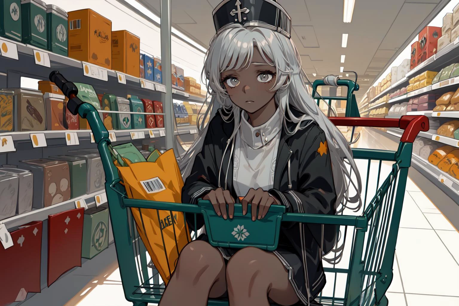 (low angle,dynamic:1.5),
(stripe art,soft strokes:.3),(meticulous details and coloring:1.1),
(best art, master piece, best quality,good light,illustration,solo:1.3),
(1 girl, charonlora,dark gray skin, silver gray long hair, super tired, dead gray eyes,long hat,drowsy,dark circles under her eyes:1.5),
(sttngshppngcrt,perfect shopping cart, sitting, in shopping cart,lighting, light trails:1.52),
(motion blur, blurry background:1.43),
<lora:Charon576V1:0.6> <lora:sitting_shopping_cart_00_02:0.5>