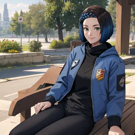 skyeparkin, 1girl, solo, looking at viewer, smile, jacket, open clothes, hood, open jacket, badge, patch, skinny, park, outdoors, sitting, upper body, black pants, <lora:skyeparkin:0.72>