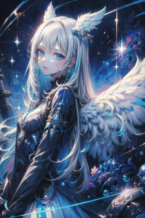 (masterpiece, extremely quality, best quality, official art, original art, beautiful and aesthetic:1.2), (volume lighting:1.3), (Glowing:1.3), (Glossy:1.3), (watercolor), (illustration), (vivid:1.2), (shiny:1.2), (colorful:1.2), (many colors:1.4),univers,fantasy , dark theme, space theme, 1girl,nty, angel, ultra high res, masterpiece, best quality, moon,black,highly detailed face, perfect eyes,<lora:add_detail:1> <lora:PsychoMode:0.479> <lora:moonriver-noise:0.4> <lora:GoodHands-vanilla:0.414>