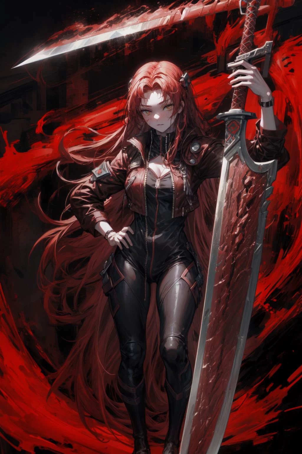 (best art,tyrannical,Biopunk's sword,:1.3),
golden ratio, dark red theme, red theme,
white skin,1 girl,tall,perfect hands,perfect fingers, (1 perfect detail giant sword made by flesh and bone,1 giant eyes on giant sword,:1.2),
ultra high res, masterpiece, best quality,
<lora:add_detail:0.96><lora:Gebura:1> <lora:Concept_SwordOverShoulder:0.2> weapon over shoulder,standing,hand on hip