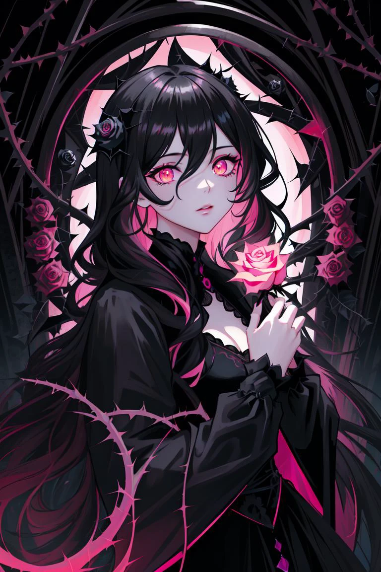 gorgeous and stylish oil painting,details eye coloring,strong color contrast,
(solo,
1 girl composed of black roses,black glowing wavy hair, glowing pink eyes :1.3),
(black rose theme, brightness absorbing flowers,vines, thorns:1.3),
extremely holy atmosphere, ultra high res,
blackrose, blackrosetheme, madebyblackrose, <lora:blackrosebykohya_ss-000004:0>