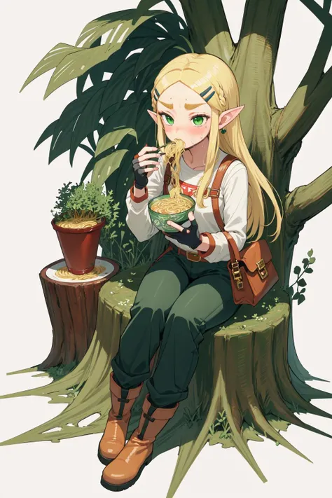 1girl, solo, long_hair, blush, blonde_hair, simple_background, hair_ornament, gloves, long_sleeves, white_background, holding, sitting, green_eyes, full_body, braid, sweat, boots, food, pointy_ears, hairclip, pants, fingerless_gloves, bag, eating, black_pants, thick_eyebrows, chopsticks, spoon, holding_chopsticks, holding_spoon, noodles, ramen, tree_stump, cup_ramen, princess_zelda, (noodles_in_mouth), (clutch_noodles) <lora:chopsticks-000050:0.3>