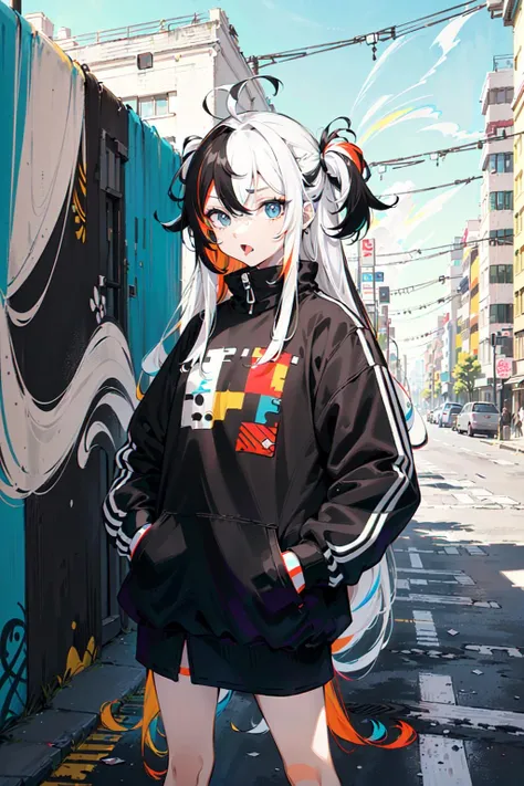 (((stripe art :0.8256))),(masterpiece, detailed,colorful: background:1.2),
street art,graffiti art walls,
(1 girl,solo,ahoge:1.4), long hair,(multicolored_hair:1.5),(white hair:1.14896) | black hair  ,eccentric,(hands in pockets:1.415),perfect hands,perfect fingers , (black and white line clothing,very long sleeves,street art,open mouth,stick out tongue:1.413),