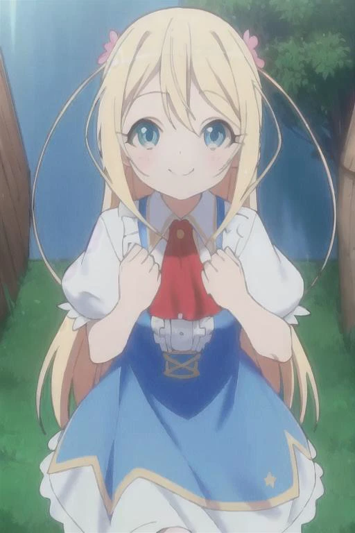 <lora:Charlotte ZENFISV1:.75>, (best quality, masterpiece), 1girl, blonde_hair, blue_eyes, blue dress, frills, pose, particle, wind, flower, looking at viewer, focus on face, smile, smile, blush. outdoors, park, standing,